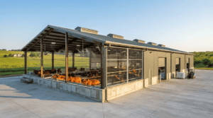 Heavy-duty multi-bay steel dairy farm sheds with integrated storage capacity in Sahiwal.
