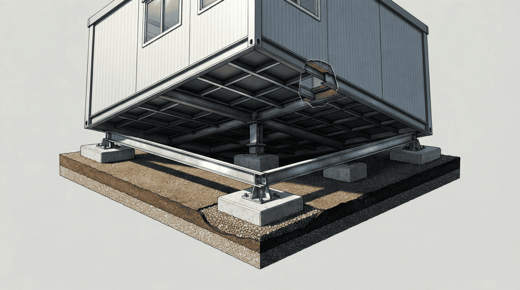 Conceptual cutaway of a porta cabin base frame resting on concrete foundation pads.