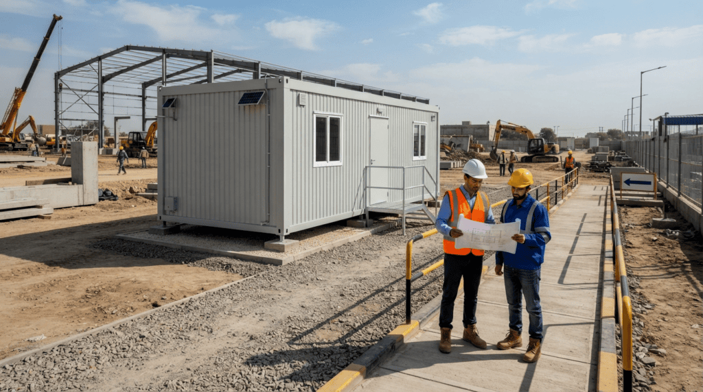 Porta cabin site preparation showing a level office base, clear access lane and pedestrian walkway.