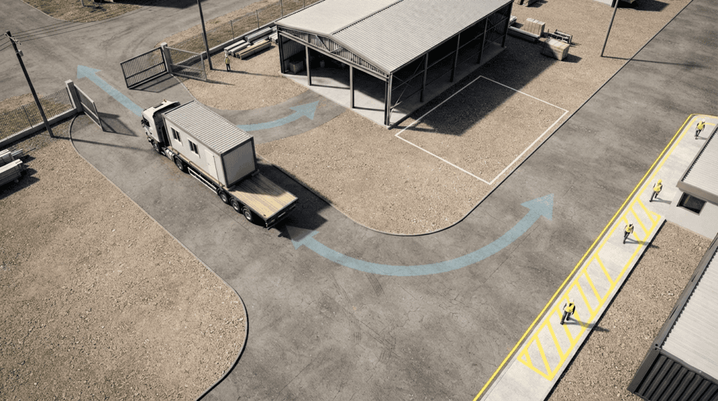 Overhead illustration of a cabin delivery truck entering a site with a clear turning and unloading area.