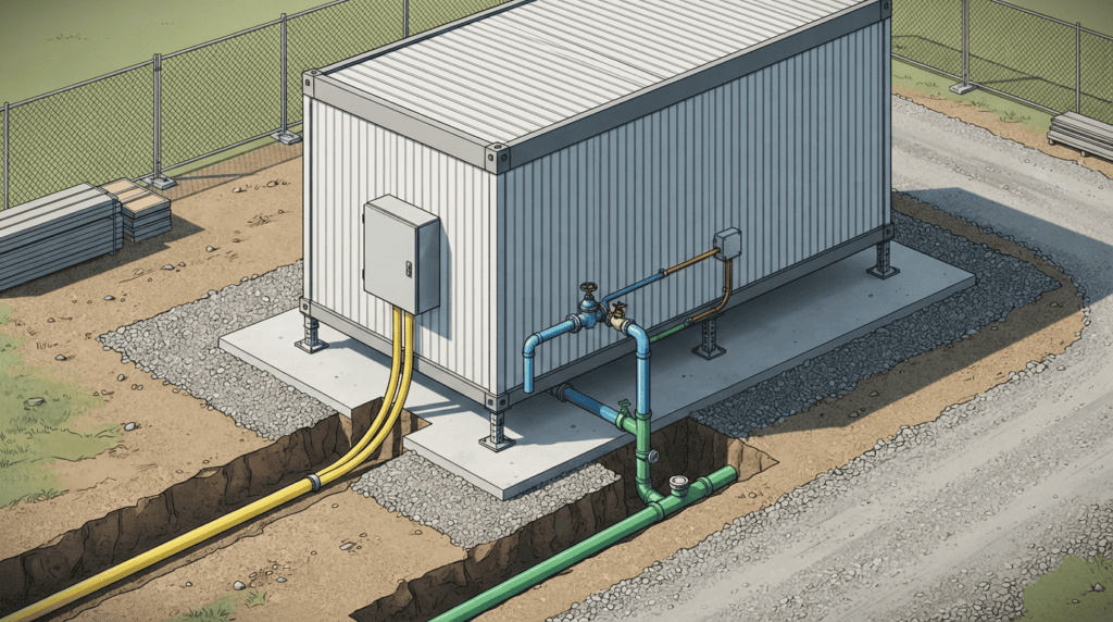 Conceptual illustration of separate power, water, wastewater and data connections serving a portable office.