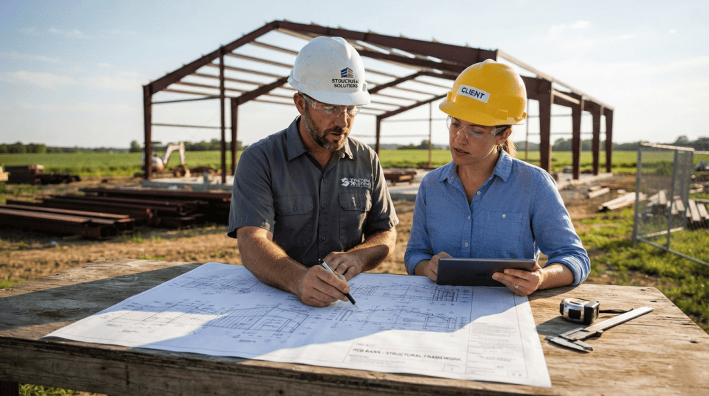 Professional structural engineer discussing architectural drawings for dairy farm sheds.