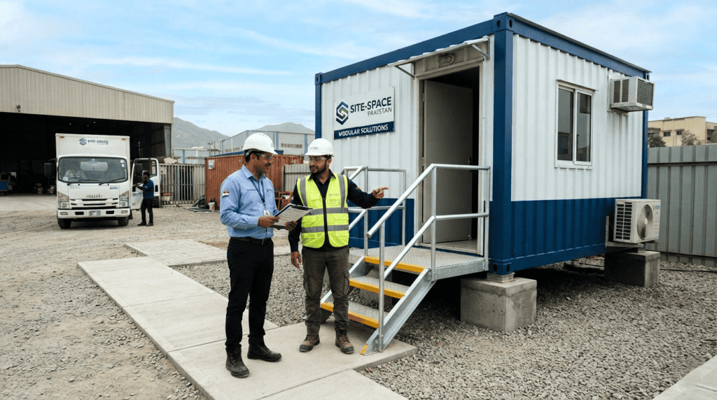 Site manager and installer reviewing a handover checklist beside a completed portable office.