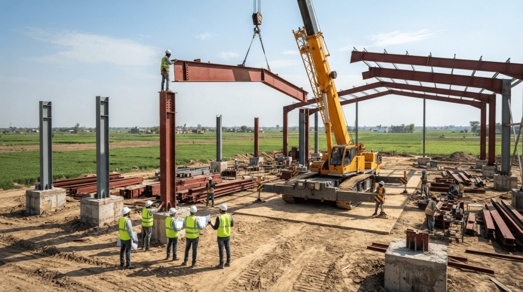 Construction and structural framing phase of large-scale commercial dairy farm sheds.