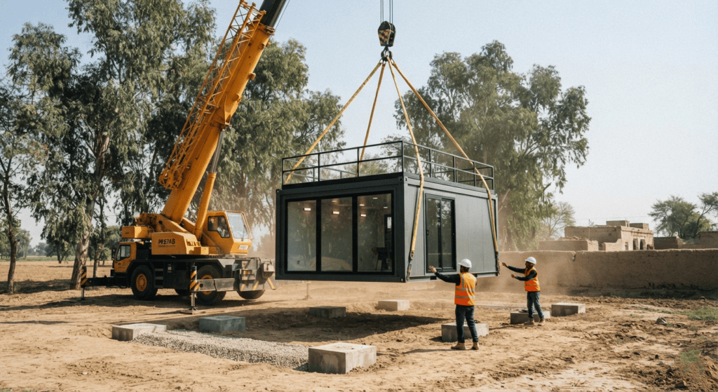 Mobile crane placing a fully prefabricated container home onto concrete plinth foundations on site.