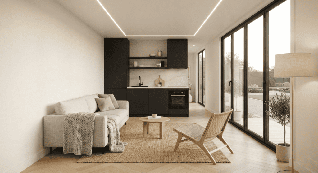 Modern, spacious interior of a container home with light wood flooring, recessed lighting, and a minimalist kitchenette.
