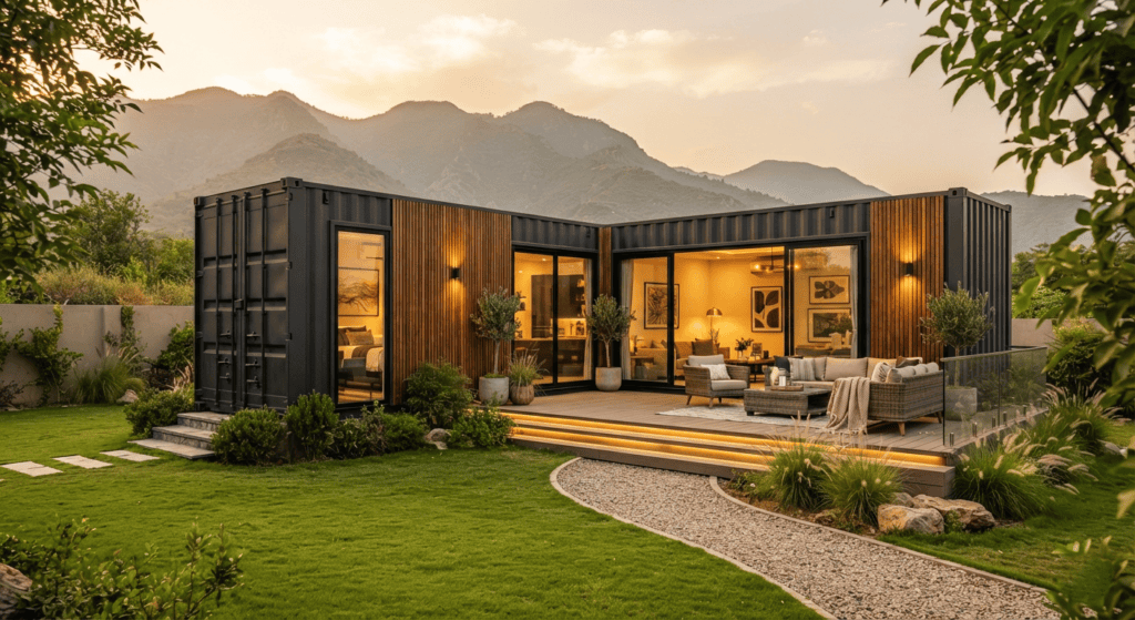 Luxury modern container home with floor-to-ceiling glass windows and wooden exterior cladding in a scenic Pakistani farmhouse setting.