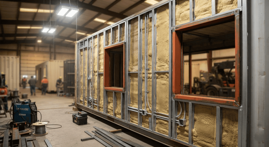 Shipping container undergoing internal steel framing and polyurethane foam insulation inside a factory workshop