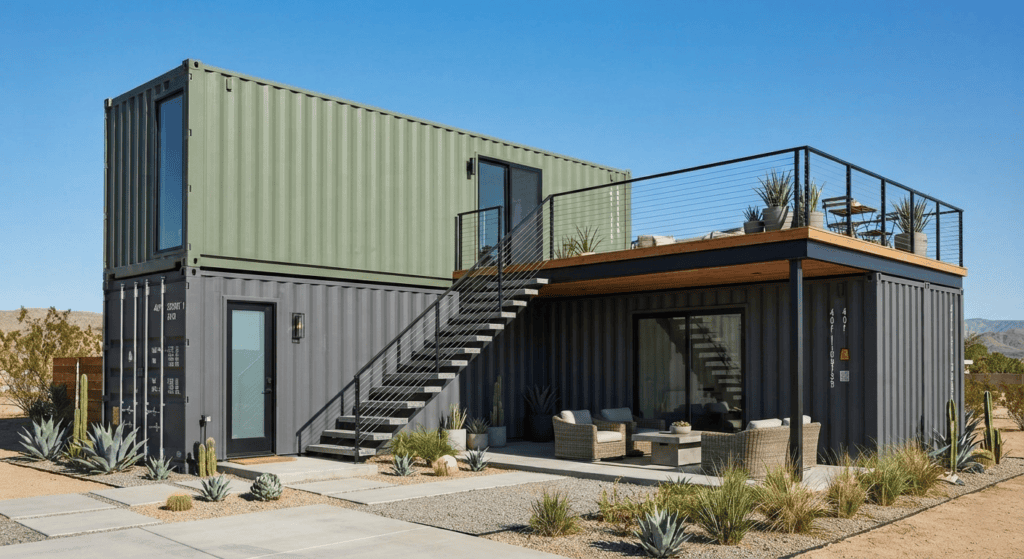 Two-story modular shipping container residence with outdoor steel staircase and rooftop terrace.