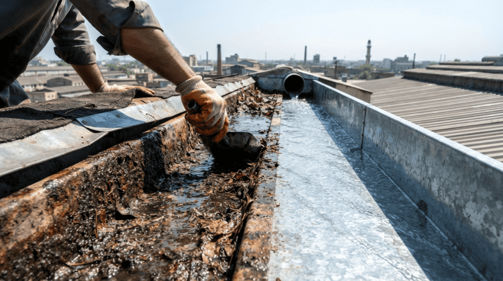 Clearing clogged gutters for effective steel shed maintenance Pakistan
