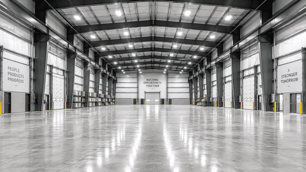  Interior view of a completed clear-span industrial steel warehouse.