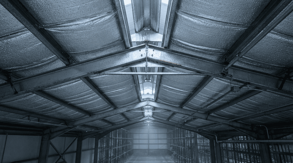 Checking roof insulation and sweating for steel shed maintenance Pakistan