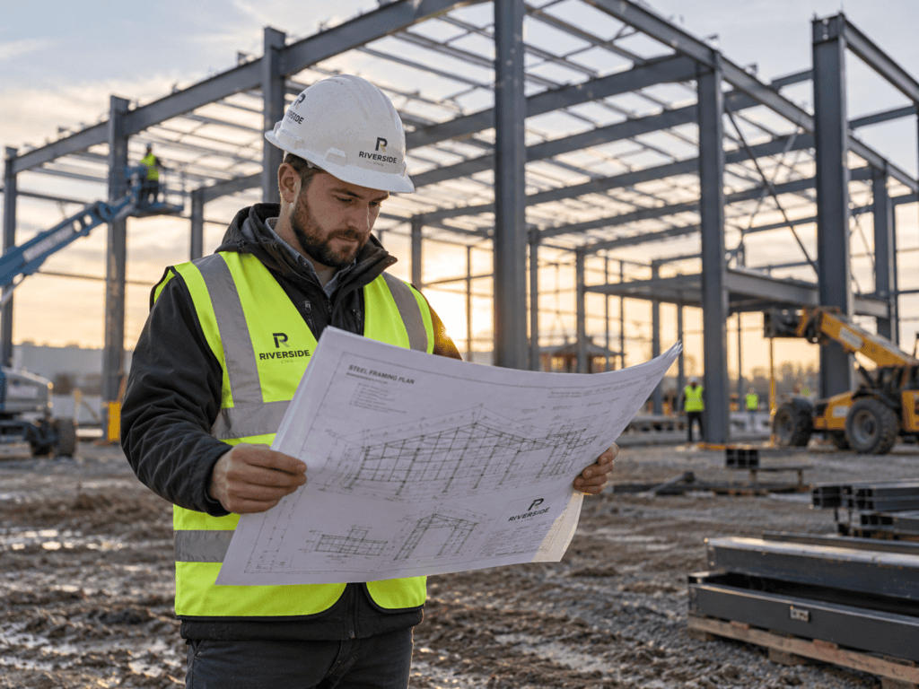 Project engineer reviewing structural blueprints on an industrial construction site.
