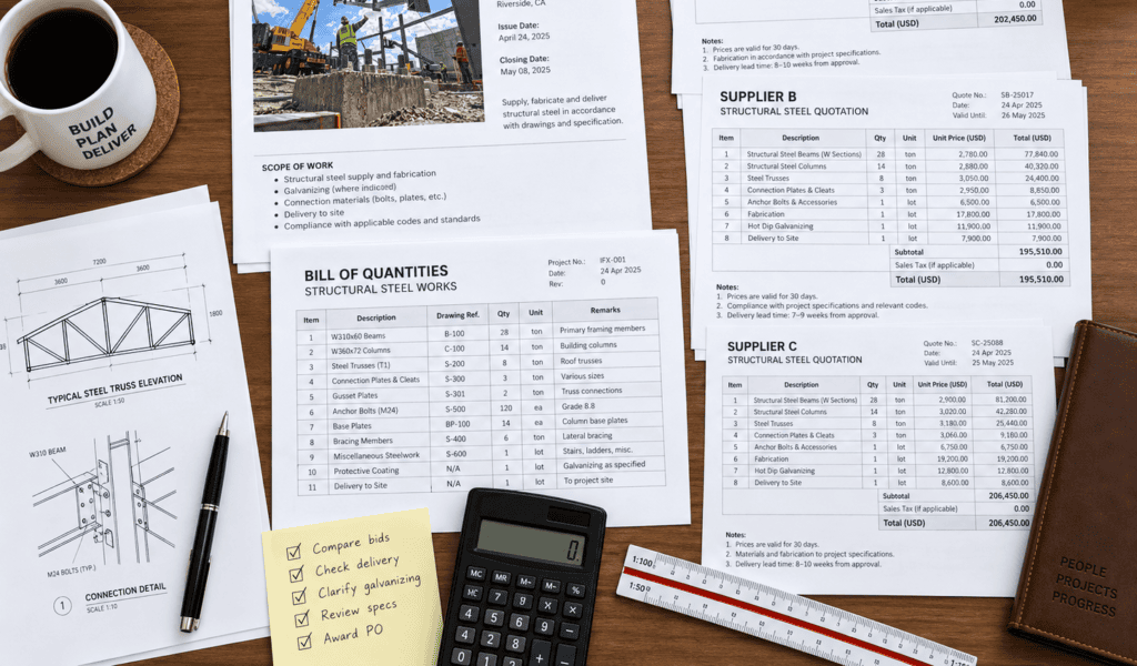 Side-by-side contractor bid comparisons and calculator on an office desk.