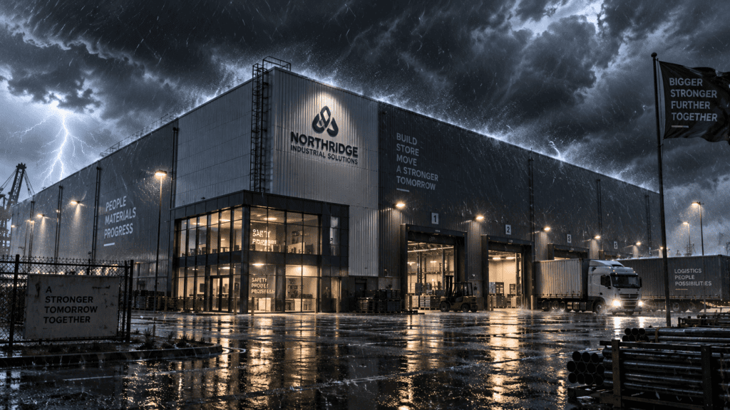 Durable industrial steel building enduring severe monsoon rain and wind conditions.