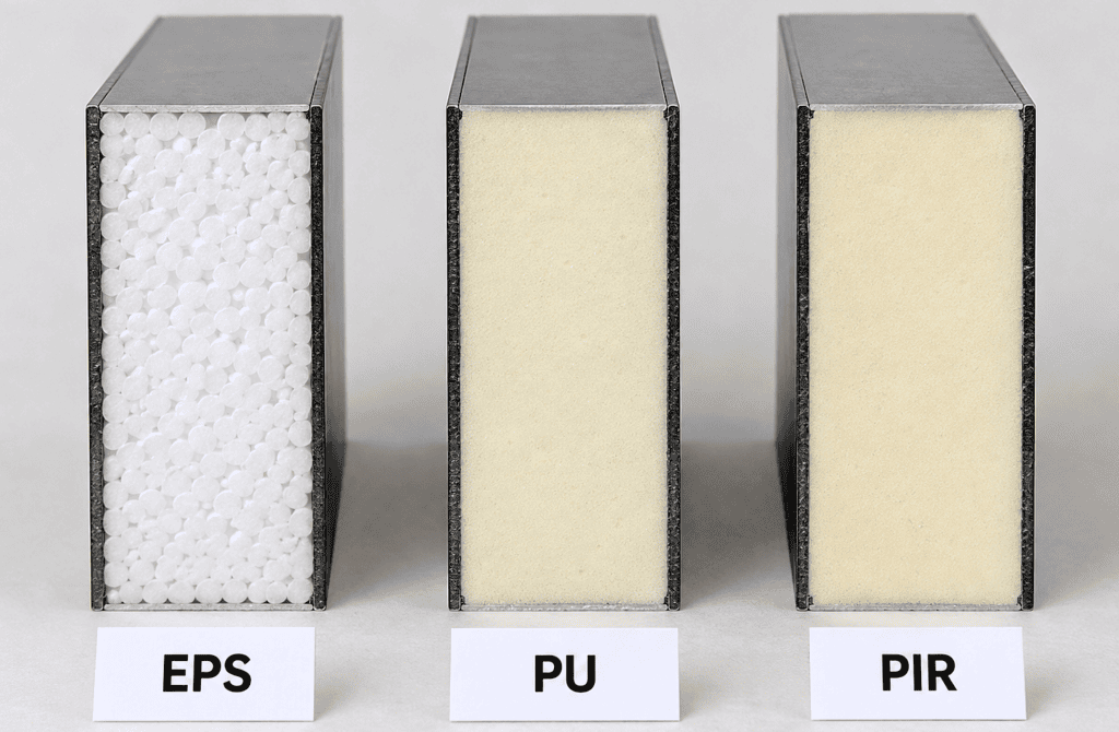 Cut sections of EPS, PU and PIR sandwich panels side by side, showing the insulation cores used in porta cabin walls and roofs