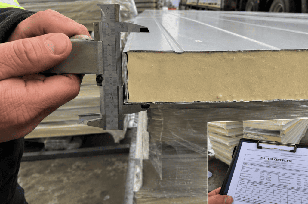 Callipers measuring the thickness of an insulated sandwich panel at a cut edge during delivery inspection for a site office cabin